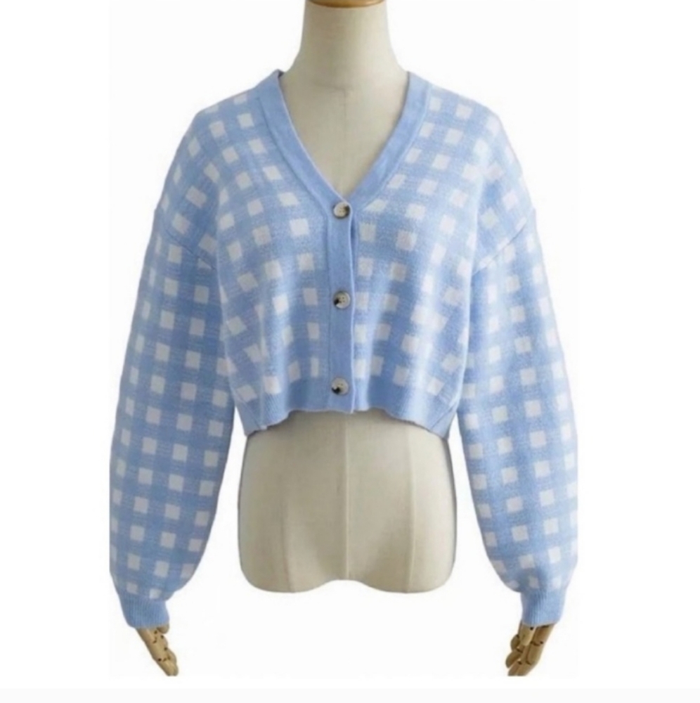 Cropped Gingham button Sweater sz sm